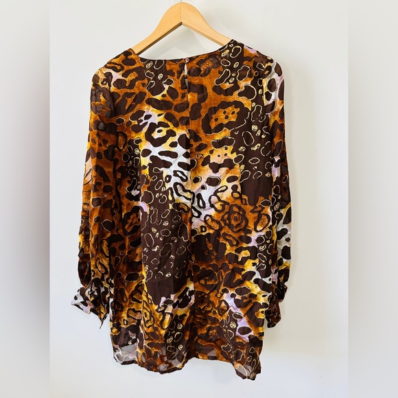 Multi-Color Laser Cut Leopard Print Pleated Blouse w Balloon Sleeves Size 04 - Picture 5 of 10